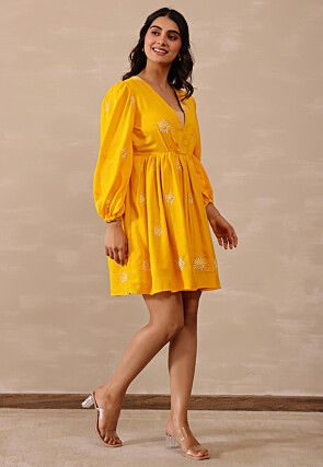 Embroidered Cotton A Line Dress in Mustard