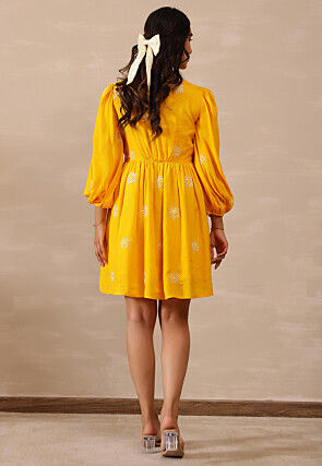 Embroidered Cotton A Line Dress in Mustard