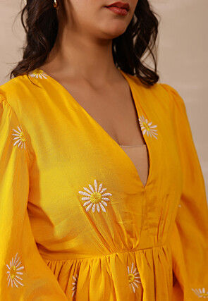 Embroidered Cotton A Line Dress in Mustard