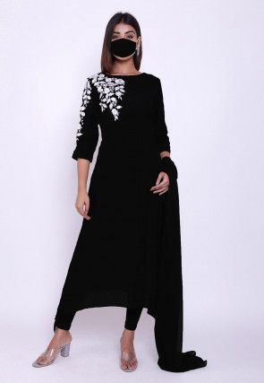 Embroidered Cotton A Line Suit in Black