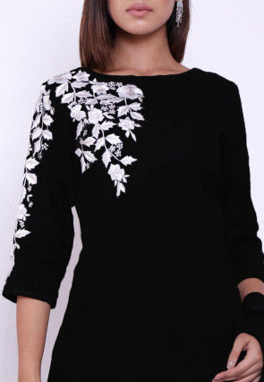 Embroidered Cotton A Line Suit in Black