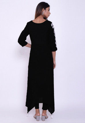 Embroidered Cotton A Line Suit in Black