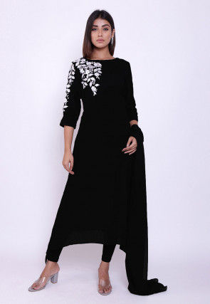 Embroidered Cotton A Line Suit in Black
