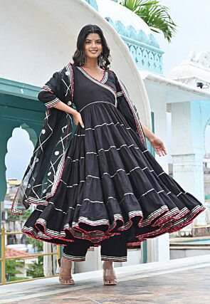 Embroidered Cotton A Line Suit in Black