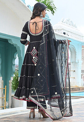 Embroidered Cotton A Line Suit in Black