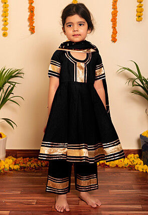 Embroidered Cotton A Line Suit in Black