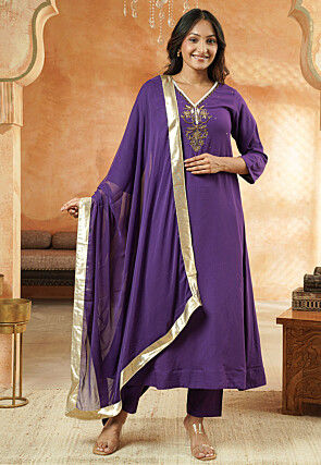 Embroidered Cotton A Line Suit in Dark Purple