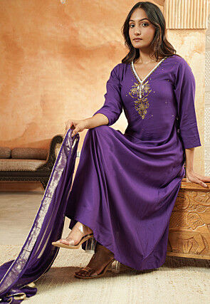 Embroidered Cotton A Line Suit in Dark Purple