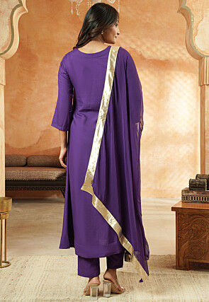 Embroidered Cotton A Line Suit in Dark Purple