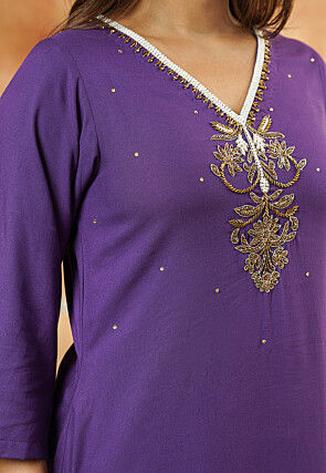 Embroidered Cotton A Line Suit in Dark Purple