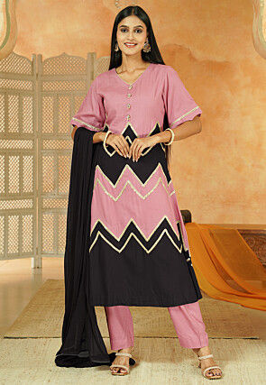 Embroidered Cotton A Line Suit in Dusty Pink and Black