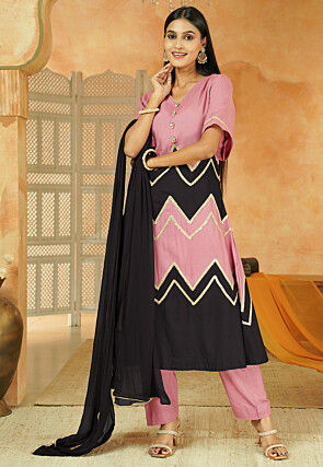 Embroidered Cotton A Line Suit in Dusty Pink and Black
