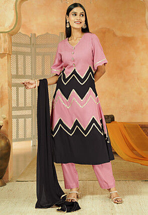 Embroidered Cotton A Line Suit in Dusty Pink and Black