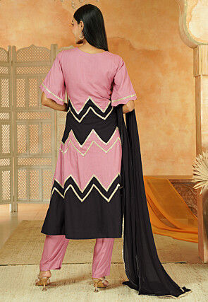 Embroidered Cotton A Line Suit in Dusty Pink and Black