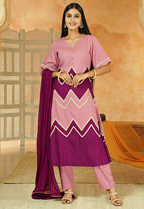 Embroidered Cotton A Line Suit in Dusty Pink and Magenta