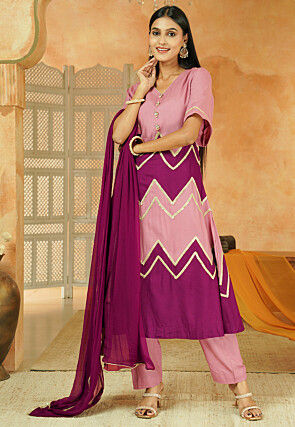 Embroidered Cotton A Line Suit in Dusty Pink and Magenta