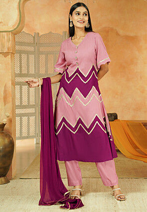 Embroidered Cotton A Line Suit in Dusty Pink and Magenta