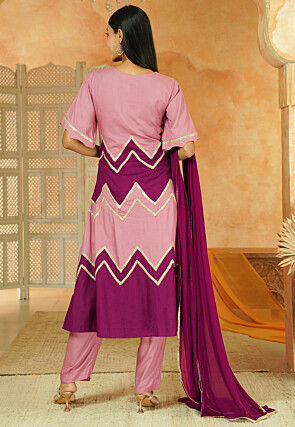 Embroidered Cotton A Line Suit in Dusty Pink and Magenta