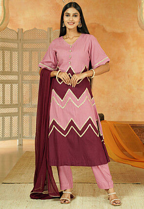 Embroidered Cotton A Line Suit in Dusty Pink and Maroon