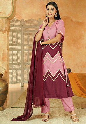 Embroidered Cotton A Line Suit in Dusty Pink and Maroon
