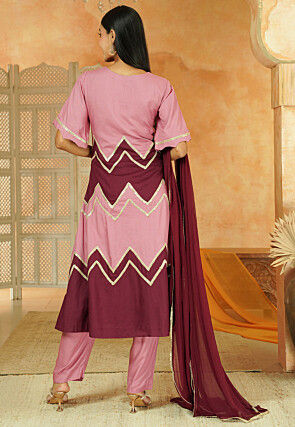 Embroidered Cotton A Line Suit in Dusty Pink and Maroon