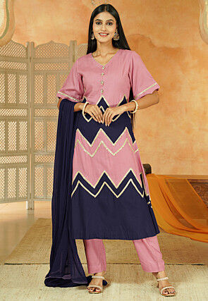Embroidered Cotton A Line Suit in Dusty Pink and Navy Blue