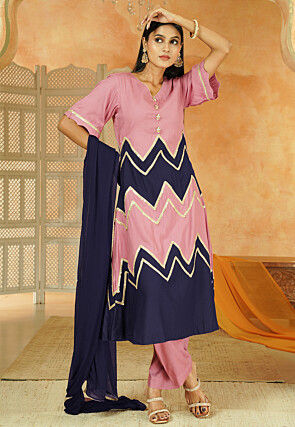 Embroidered Cotton A Line Suit in Dusty Pink and Navy Blue
