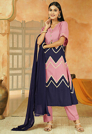 Embroidered Cotton A Line Suit in Dusty Pink and Navy Blue