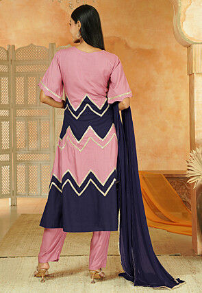 Embroidered Cotton A Line Suit in Dusty Pink and Navy Blue