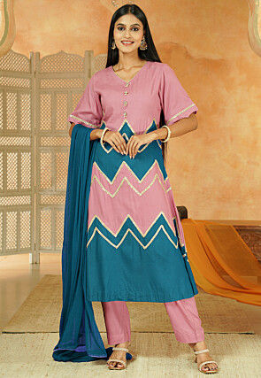 Embroidered Cotton A Line Suit in Dusty Pink and Sky Blue