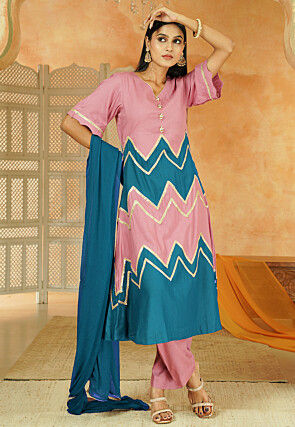 Embroidered Cotton A Line Suit in Dusty Pink and Sky Blue