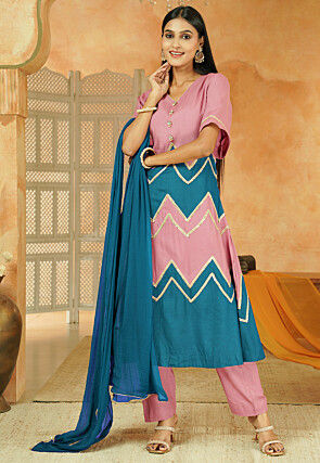 Embroidered Cotton A Line Suit in Dusty Pink and Sky Blue