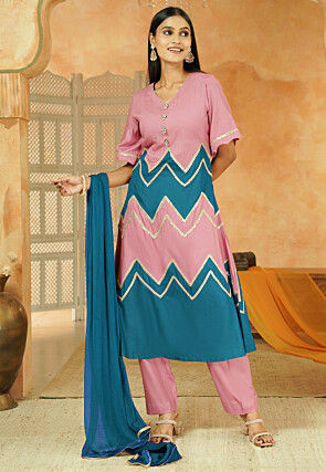 Embroidered Cotton A Line Suit in Dusty Pink and Sky Blue
