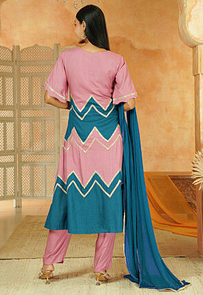 Embroidered Cotton A Line Suit in Dusty Pink and Sky Blue