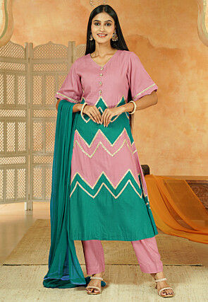 Embroidered Cotton A Line Suit in Dusty Pink and Teal Green
