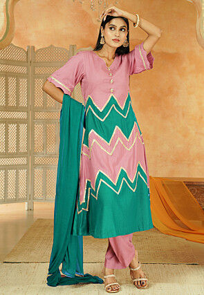 Embroidered Cotton A Line Suit in Dusty Pink and Teal Green