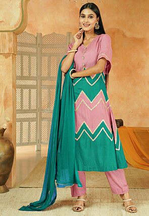 Embroidered Cotton A Line Suit in Dusty Pink and Teal Green