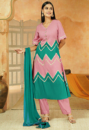 Embroidered Cotton A Line Suit in Dusty Pink and Teal Green