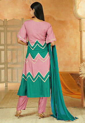 Embroidered Cotton A Line Suit in Dusty Pink and Teal Green