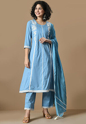 Embroidered Cotton A Line Suit in Light Blue