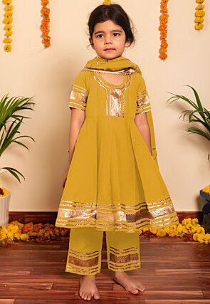 Embroidered Cotton A Line Suit in Mustard