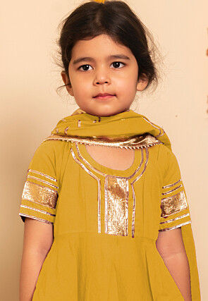 Embroidered Cotton A Line Suit in Mustard