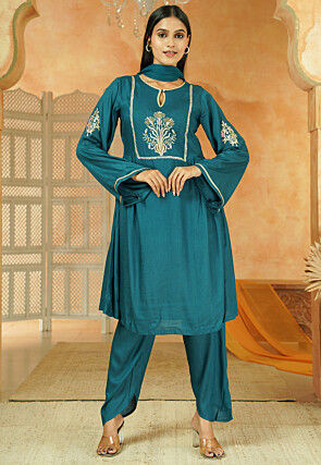 Embroidered Cotton A Line Suit in Navy Blue