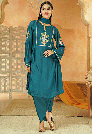 Embroidered Cotton A Line Suit in Navy Blue