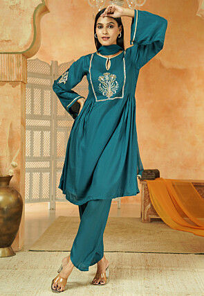 Embroidered Cotton A Line Suit in Navy Blue