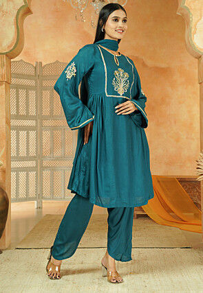 Embroidered Cotton A Line Suit in Navy Blue