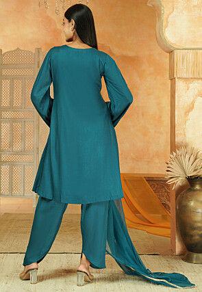 Embroidered Cotton A Line Suit in Navy Blue