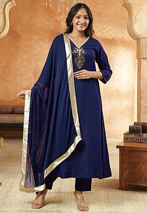 Embroidered Cotton A Line Suit in Navy Blue