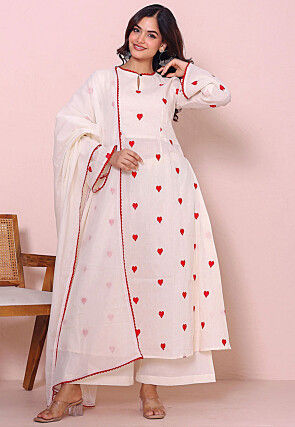 Embroidered Cotton A Line Suit in Off White