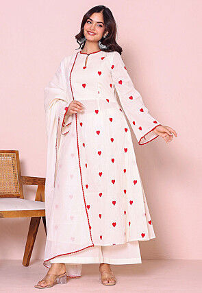 Embroidered Cotton A Line Suit in Off White